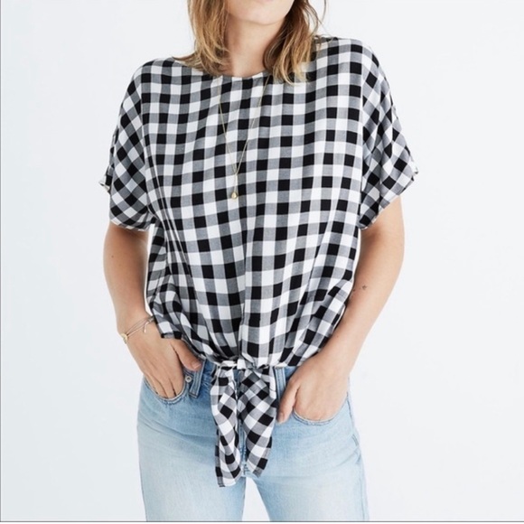 Madewell Black white Buffalo Check tie Front Top Size XS - Picture 1 of 7